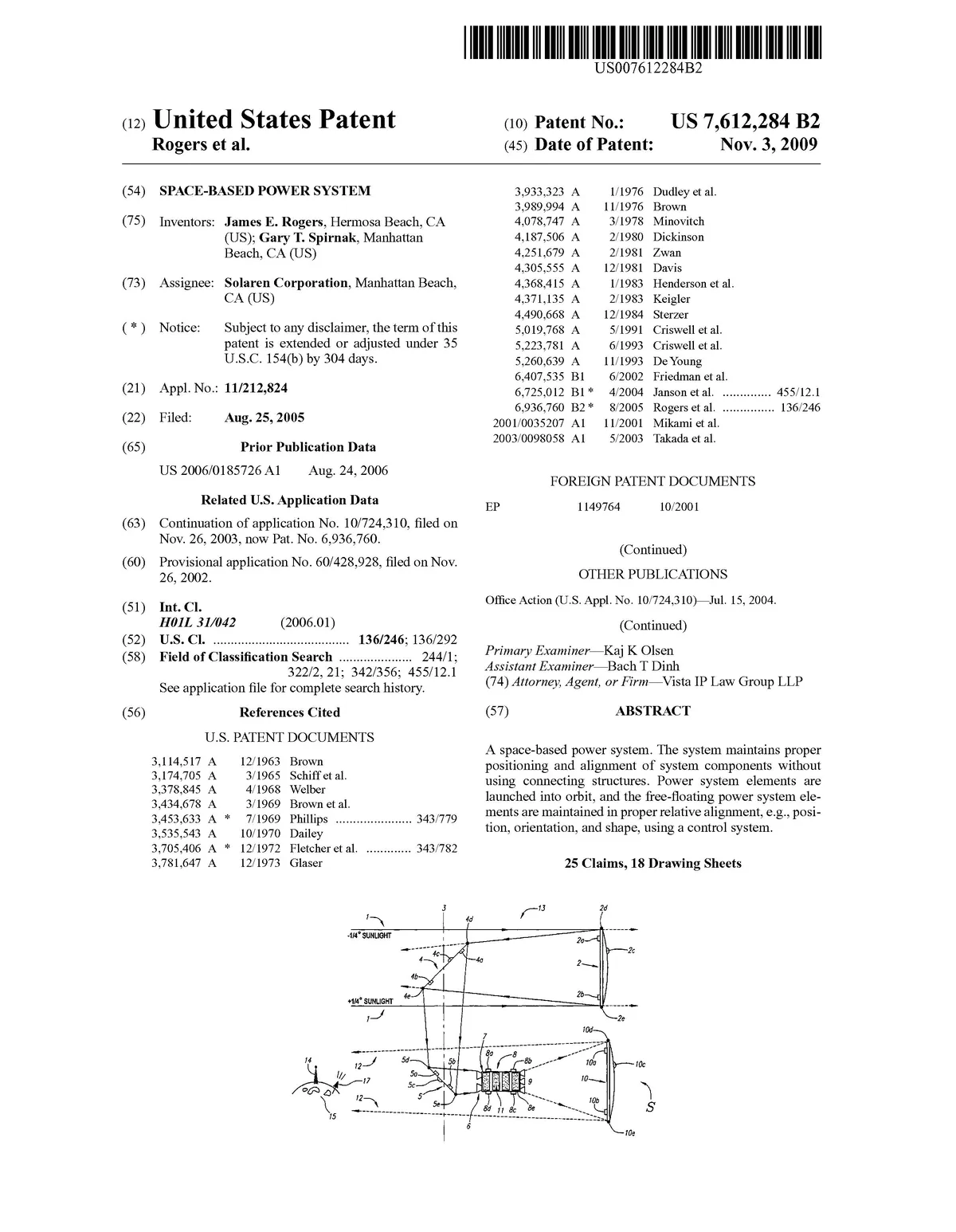 Patent document for a space-based power system by James E. Rogers and Gary T. Spirnak